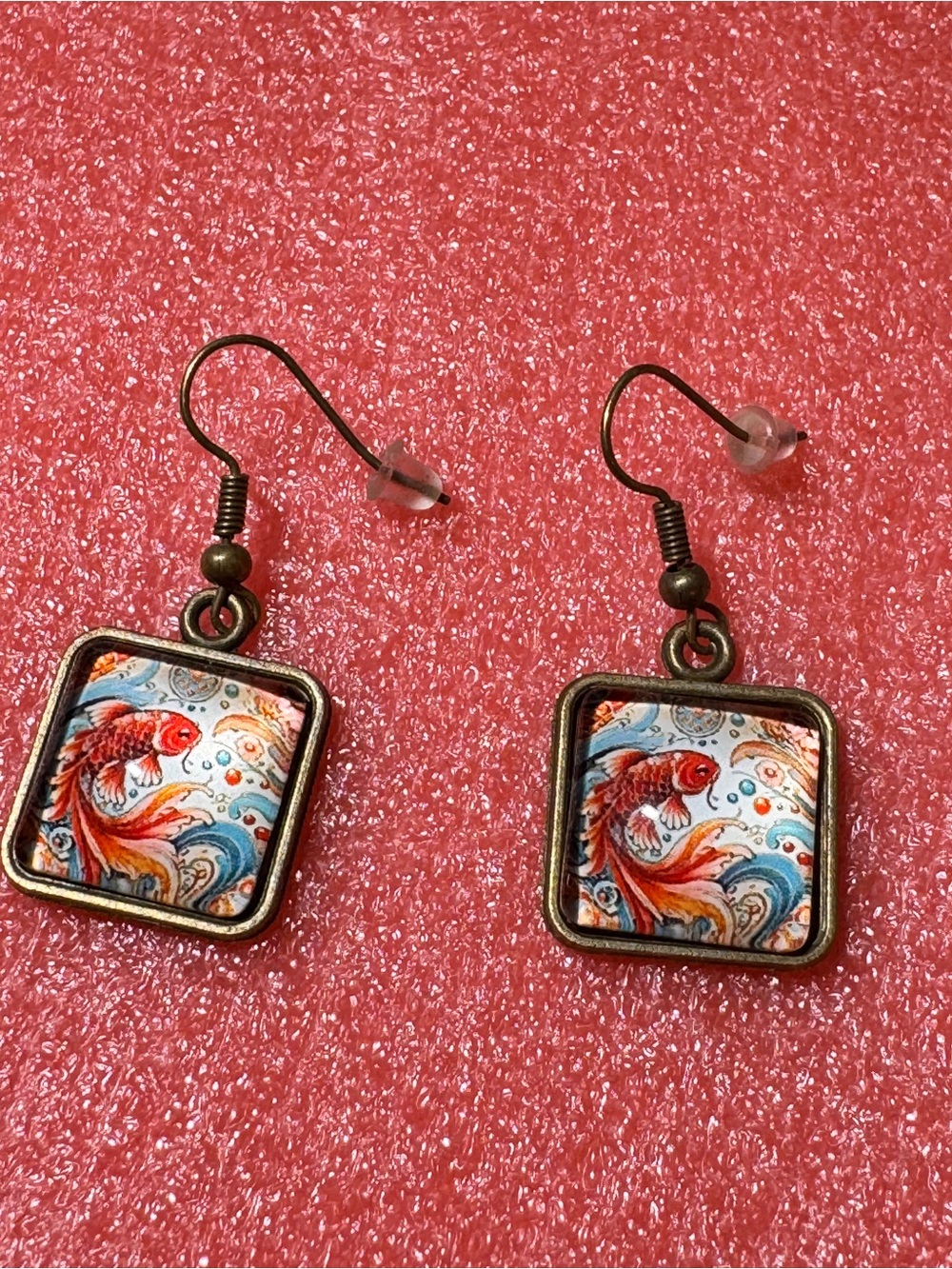 Gold-Tone Koi Fish Square Drop Earrings - Red & Blue